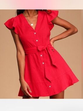 Lulu's Red Button-Front Tie-Waist Mini Dress